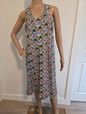 Ibex Merino Wool Kya Dress Rare Art Deco Scallop Geometric Print Sleeveless